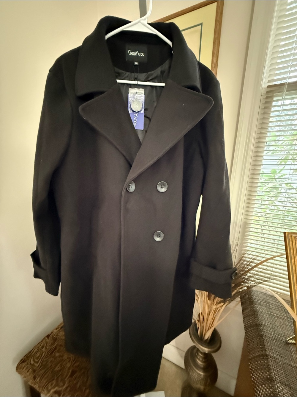 Black Chou Yatou Double Breasted Long Coat. Damaged. Size XXL